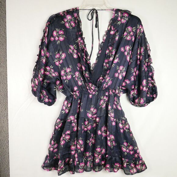 Vici Womens Size L Purple Floral Boho Summer Cocktail Mini Dress 3/4 Sleeve - Picture 7 of 12